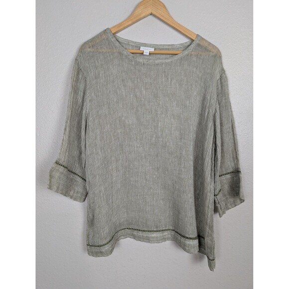 Pure Jill Green Linen Three Quarter Sleeve Top Medium - Picture 1 of 8